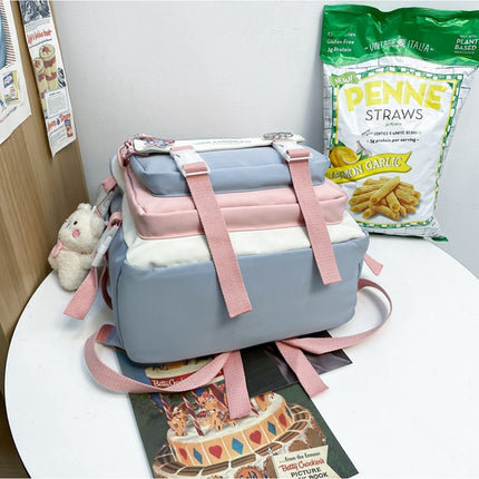 Women's Large Aesthetic School Backpack Black Nylon Daypack with Cute Bear Plushie & Pins For High School and University