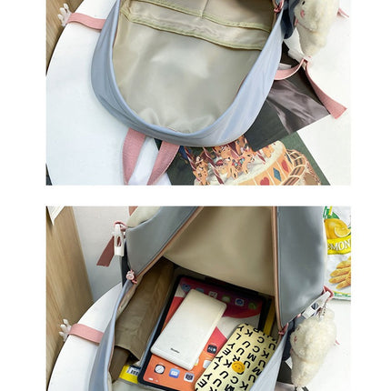 Women's Large Aesthetic School Backpack Pink Nylon Daypack with Cute Bear Plushie & Pins For High School and University