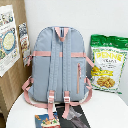Women's Large Aesthetic School Backpack Blue Nylon Daypack with Cute Bear Plushie & Pins For High School and University