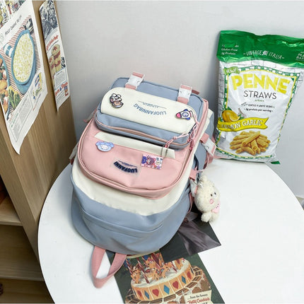 Women's Large Aesthetic School Backpack Blue Nylon Daypack with Cute Bear Plushie & Pins For High School and University