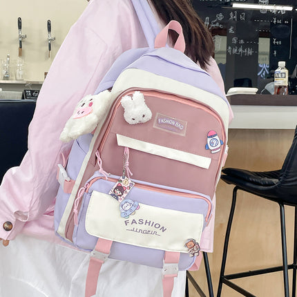Women's Large Aesthetic School Backpack Purple Nylon Daypack with Cute Bear Plushie & Pins For High School and University