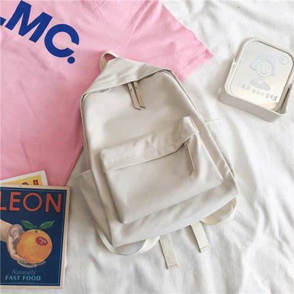 Aesthetic Off-white School Backpack with Cute Bear Plushie and Pin Large Capacity Nylon Laptop Daypack for High School and Uni Students