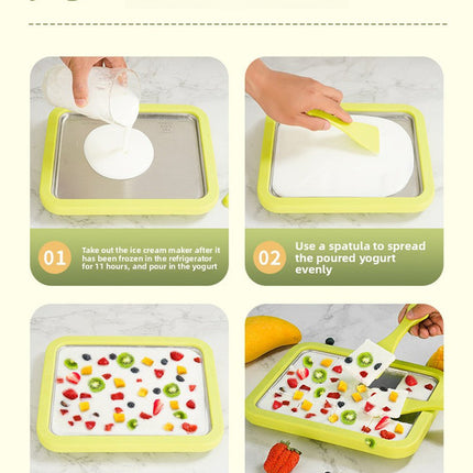 White DIY Rolled Ice Cream Maker Pan Instant Frozen Yoghurt & Sorbet Tray 304 Stainless Steel No Electricity Required with Spatulas