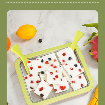 White DIY Rolled Ice Cream Maker Pan Instant Frozen Yoghurt & Sorbet Tray 304 Stainless Steel No Electricity Required with Spatulas