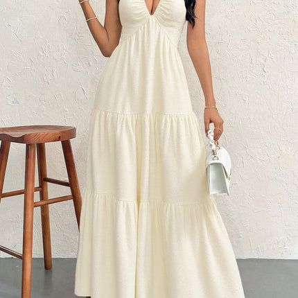 Apricot M Size Women's Elegant Halter Maxi Dress Summer Backless V-Neck Sleeveless Long Beach Resort Gown