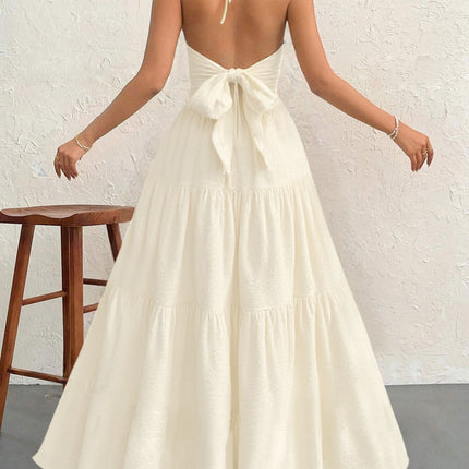 Apricot L Size Women's Elegant Halter Maxi Dress Summer Backless V-Neck Sleeveless Long Beach Resort Gown