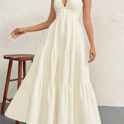 Apricot L Size Women's Elegant Halter Maxi Dress Summer Backless V-Neck Sleeveless Long Beach Resort Gown