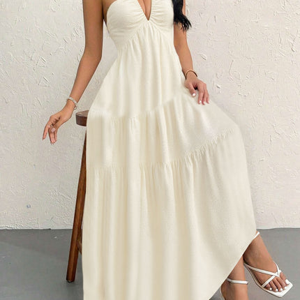Apricot XL Size Women's Elegant Halter Maxi Dress Summer Backless V-Neck Sleeveless Long Beach Resort Gown