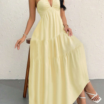 Yellow S Size Women's Elegant Halter Maxi Dress Summer Backless V-Neck Sleeveless Long Beach Resort Gown