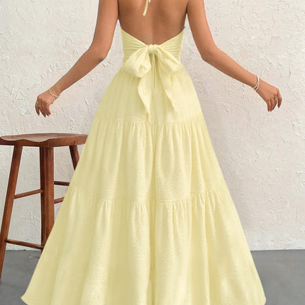 Apricot M Size Women's Elegant Halter Maxi Dress Summer Backless V-Neck Sleeveless Long Beach Resort Gown