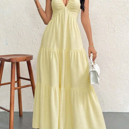 Apricot M Size Women's Elegant Halter Maxi Dress Summer Backless V-Neck Sleeveless Long Beach Resort Gown