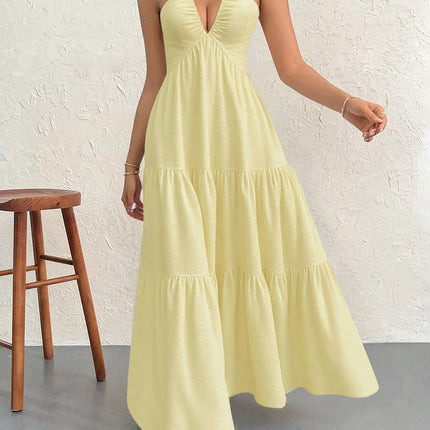 Apricot XL Size Women's Elegant Halter Maxi Dress Summer Backless V-Neck Sleeveless Long Beach Resort Gown