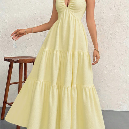Apricot XL Size Women's Elegant Halter Maxi Dress Summer Backless V-Neck Sleeveless Long Beach Resort Gown