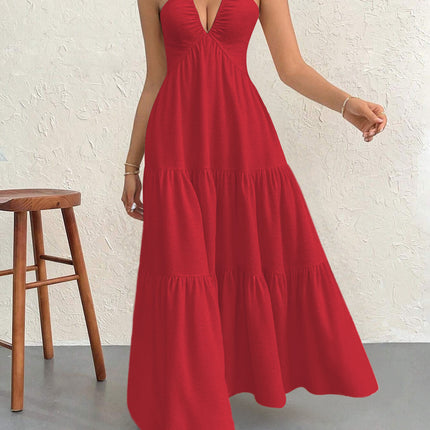 Red M Size Women's Elegant Halter Maxi Dress Summer Backless V-Neck Sleeveless Long Beach Resort Gown