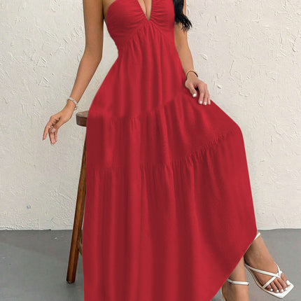 Red M Size Women's Elegant Halter Maxi Dress Summer Backless V-Neck Sleeveless Long Beach Resort Gown