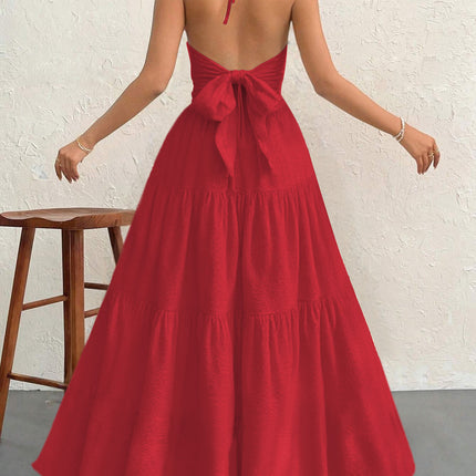 Redt XL Size Women's Elegant Halter Maxi Dress Summer Backless V-Neck Sleeveless Long Beach Resort Gown