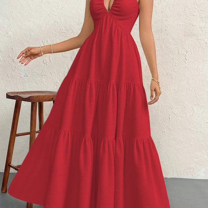 Redt XL Size Women's Elegant Halter Maxi Dress Summer Backless V-Neck Sleeveless Long Beach Resort Gown