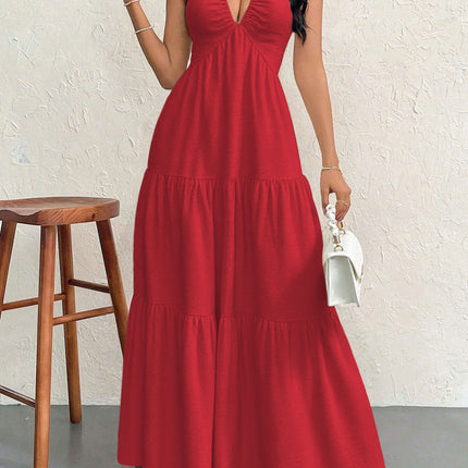 Redt XL Size Women's Elegant Halter Maxi Dress Summer Backless V-Neck Sleeveless Long Beach Resort Gown