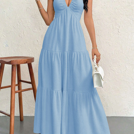 Blue M Size Women's Elegant Halter Maxi Dress Summer Backless V-Neck Sleeveless Long Beach Resort Gown