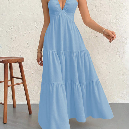 Blue L Size Women's Elegant Halter Maxi Dress Summer Backless V-Neck Sleeveless Long Beach Resort Gown