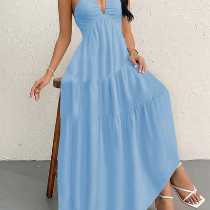 Blue L Size Women's Elegant Halter Maxi Dress Summer Backless V-Neck Sleeveless Long Beach Resort Gown