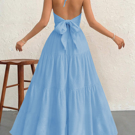 Blue XL Size Women's Elegant Halter Maxi Dress Summer Backless V-Neck Sleeveless Long Beach Resort Gown