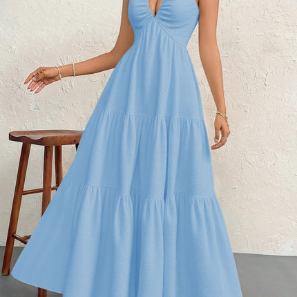 Blue XL Size Women's Elegant Halter Maxi Dress Summer Backless V-Neck Sleeveless Long Beach Resort Gown