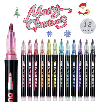 24 Piece Double Line Outline Pen Set Glitter Paint Markers 12 Colors Self-Outline Metallic Shimmer Pens for DIY Crafts Cards