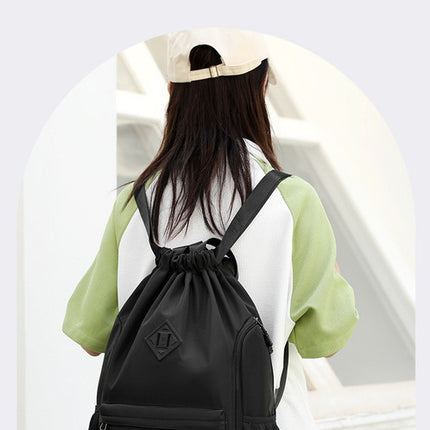 Large Drawstring Backpack Waterproof Gym Bag Lightweight Sports Sackpack with Zipper Pockets for Travel and Swimming Black