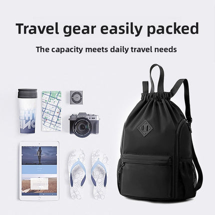 Large Drawstring Backpack Waterproof Gym Bag Lightweight Sports Sackpack with Zipper Pockets for Travel and Swimming navy blue