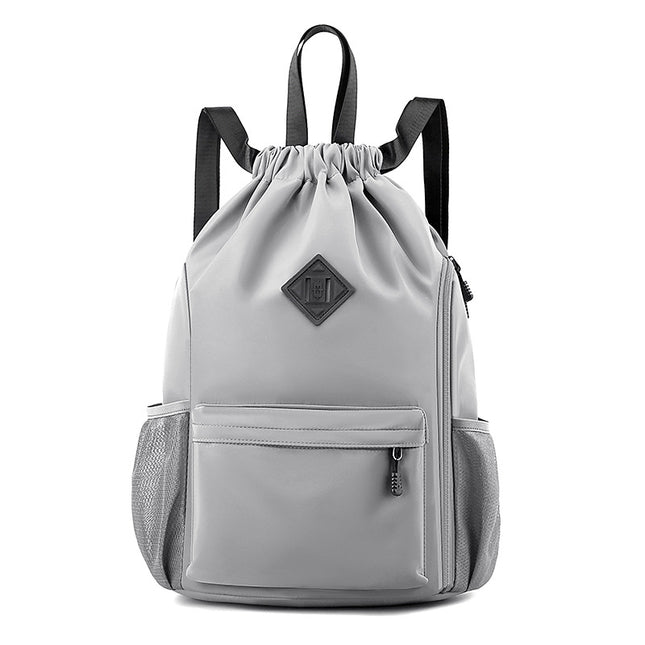 Large Drawstring Backpack Waterproof Gym Bag Lightweight Sports Sackpack with Zipper Pockets for Travel and Swimming Gray