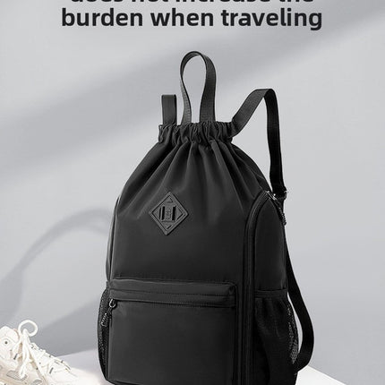Large Drawstring Backpack Waterproof Gym Bag Lightweight Sports Sackpack with Zipper Pockets for Travel and Swimming Gray