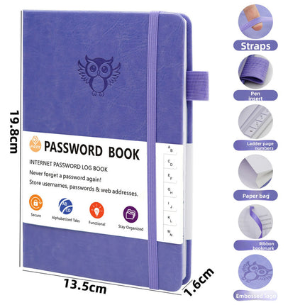 Rose Gold Password Log Book with Alphabetical Tabs Internet Address Organizer Small PU Leather Notebook with Owl Design Pen Holder and Inner Pocket Ideal for Home and Office