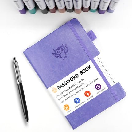 Black Password Log Book with Alphabetical Tabs Internet Address Organizer Small PU Leather Notebook with Owl Design Pen Holder and Inner Pocket Ideal for Home and Office