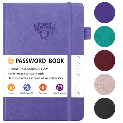 Burgundy Password Log Book with Alphabetical Tabs Internet Address Organizer Small PU Leather Notebook with Owl Design Pen Holder and Inner Pocket Ideal for Home and Office