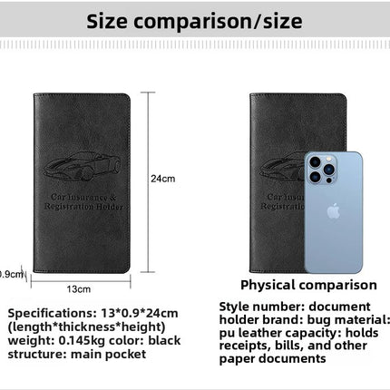 Car Registration and Insurance Holder - Premium PU Leather Vehicle Document Wallet - Slim Glove Box Organiser for Rego Papers, Logbook & ID Cards - Black