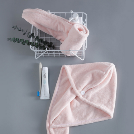Soft Microfibre Hair Drying Towel Wrap - Super Absorbent Coral Fleece Turban with Secure Button - Quick Dry Bath Head Cap for Wet Hair & Spa - Pale Pink
