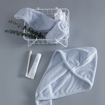 Soft Microfibre Hair Drying Towel Wrap - Super Absorbent Coral Fleece Turban with Secure Button - Quick Dry Bath Head Cap for Wet Hair & Spa - Light blue