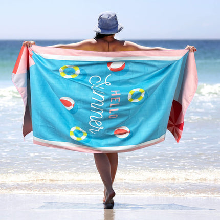 Sand Free Microfibre Beach Towel - "Hello Summer" Pool Print Quick Dry Travel Towel 70x150cm(200GSM) - Lightweight Absorbent for Beach, Swimming & Camping