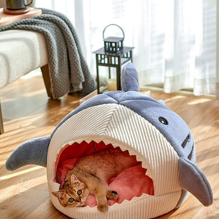 Novelty Shark Pet Cave Bed Enclosed Cozy Sleeping Nest for Cats and Small Dogs Soft Flannel Year Round Comfort Light Blue S Size