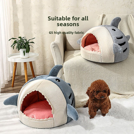 Novelty Shark Pet Cave Bed Enclosed Cozy Sleeping Nest for Cats and Small Dogs Soft Flannel Year Round Comfort Light Gray S Size