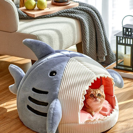 Novelty Shark Pet Cave Bed Enclosed Cozy Sleeping Nest for Cats and Small Dogs Soft Flannel Year Round Comfort Light Blue M Size