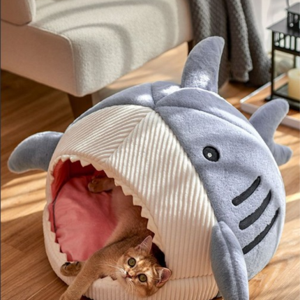 Novelty Shark Pet Cave Bed Enclosed Cozy Sleeping Nest for Cats and Small Dogs Soft Flannel Year Round Comfort Light Blue L Size