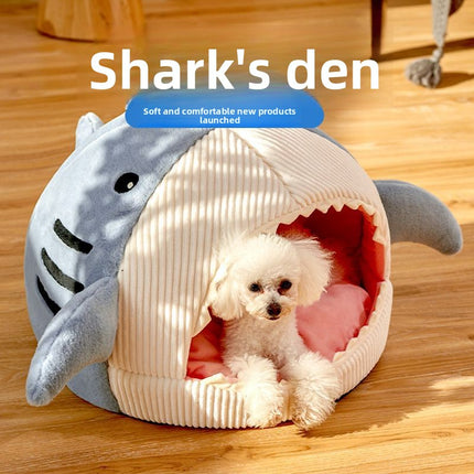 Novelty Shark Pet Cave Bed Enclosed Cozy Sleeping Nest for Cats and Small Dogs Soft Flannel Year Round Comfort Light Blue L Size