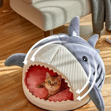 Novelty Shark Pet Cave Bed Enclosed Cozy Sleeping Nest for Cats and Small Dogs Soft Flannel Year Round Comfort Light Blue L Size