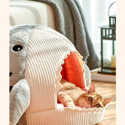 Novelty Shark Pet Cave Bed Enclosed Cozy Sleeping Nest for Cats and Small Dogs Soft Flannel Year Round Comfort Light Blue L Size
