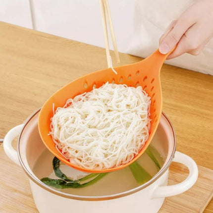 2 Pack Large Skimmer Slotted Spoon Colander Scoop - Long Handle Heat Resistant Food Strainer for Pasta, Noodles & Dumplings - White & Orange