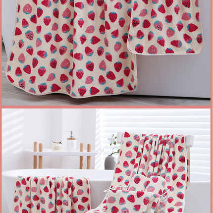 2 Pack Strawberry Coral Fleece Bath Towel Set - Ultra Soft Absorbent Microfibre Bathroom Towels with Hanging Loop - 70x140cm & 35x75cm