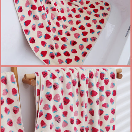 2 Pack Strawberry Coral Fleece Bath Towel Set - Ultra Soft Absorbent Microfibre Bathroom Towels with Hanging Loop - 70x140cm & 35x75cm