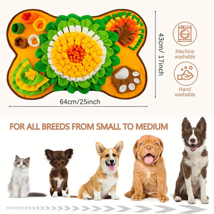 Interactive Dog Snuffle Mat Bone Shape 64x43cm - Slow Feeder & Foraging Puzzle Toy - Golden Yellow Fleece Nosework Pad for Anxiety Relief & Mental Stimulation